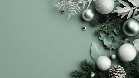 A premium top-view Christmas design featuring emerald decorations and glossy silver elements.の写真素材