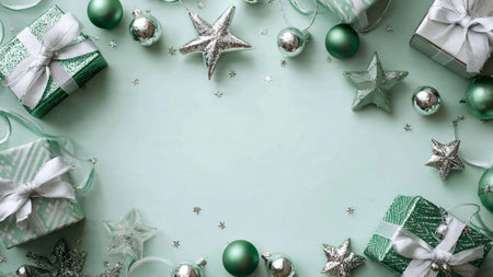 Artistic Christmas frame using brushed silver textures and gradient green backgrounds.の写真素材