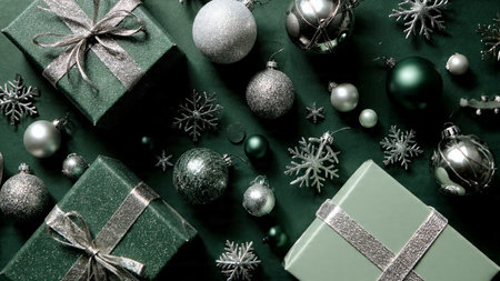 Product-focused mockup with dark green ornaments and mirror-finish silver spheres.の写真素材