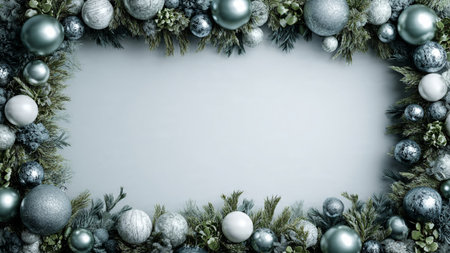 Vintage-inspired frame with slightly aged silver pieces and deep green holiday decor.の写真素材