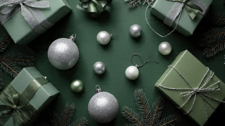 Vintage frame featuring textured green canvas and aged silver holiday elements.の写真素材