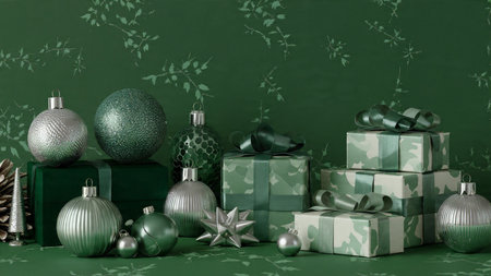 A modern monochrome holiday look with forest green and polished silver elements.の写真素材