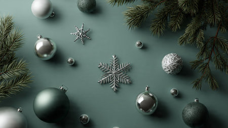 A top-down holiday frame featuring elegant green ornaments and sparkling silver dの写真素材