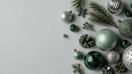 Holiday composition with silver ribbons and soft green textures on both sides.の写真素材