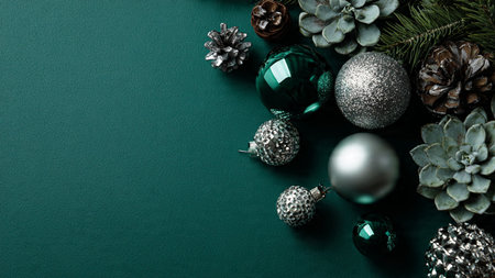 A clean top-view Christmas layout using elegant silver ornaments along the vertical edges.の写真素材