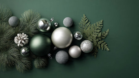 A glossy holiday composition featuring shiny green baubles, delicate silver stars, and clean product space.の写真素材
