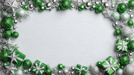 A dramatic green holiday frame enhanced with reflective silver star clusters.の写真素材
