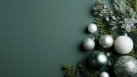 Classic green-and-white Christmas border highlighted by polished silver baubles and traditional gift boxes.の写真素材
