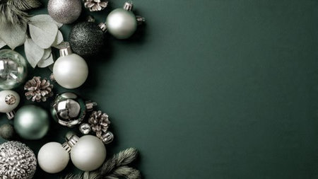 A cool green-toned festive border with delicate silver snowflakes arranged symmetrically.の写真素材