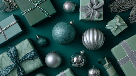 A dramatic green holiday frame enhanced with reflective silver star clusters.の写真素材