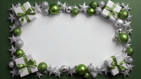 A quiet festive border combining muted green baubles with soft-sparkling silver elements.の写真素材