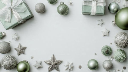 High-end product display bordered with matte green ornaments and bright silver decor.の写真素材