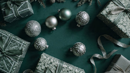 A clean holiday aesthetic featuring matte green baubles and thin silver ribbons.の写真素材