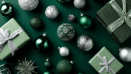 A top-down green Christmas mockup with sparkly silver snowflakes forming an eye-catching border.の写真素材