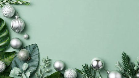 Product-friendly green holiday frame with minimal silver accents and strong visual balance.の写真素材