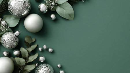 Minimal Christmas frame with delicate green shading and polished silver lines.の写真素材