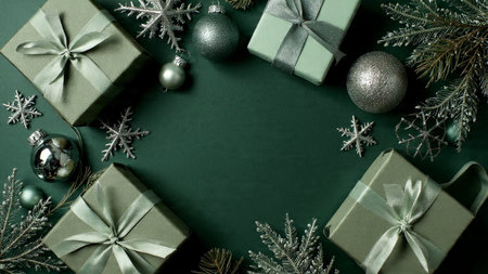 Clean and elegant green-themed composition highlighted by silver accents.の写真素材