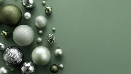 A detailed vintage holiday frame pairing textured greens with softly aged silver ornaments.の写真素材