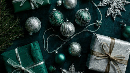 A holiday frame featuring soft green tones and highly reflective silver ornaments.の写真素材