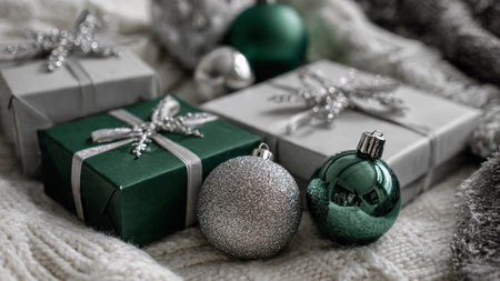 Holiday mockup with layered green textures and shiny silver decorations.の写真素材