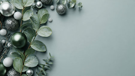 A contemporary green-and-silver layout with crisp ornaments framing a clean empty space.の写真素材