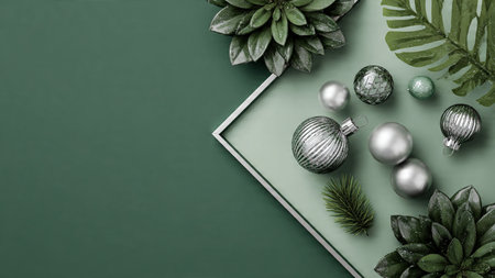 A cool-toned Christmas mockup using structured green dの写真素材