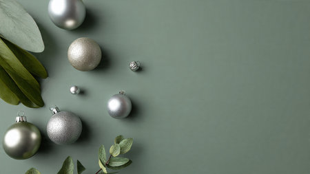 A clean top-view Christmas layout using elegant silver ornaments along the vertical edges.の写真素材