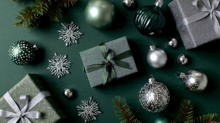 A top-view mockup with matte green surface and scattered reflective silver decorations.の写真素材