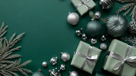 A premium green-and-silver holiday layout with modern dの写真素材