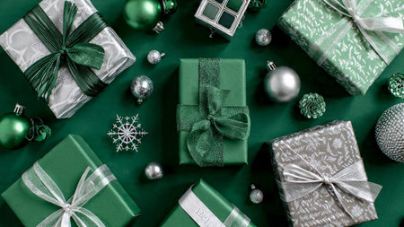 Holiday composition with silver ribbons and soft green textures on both sides.の写真素材