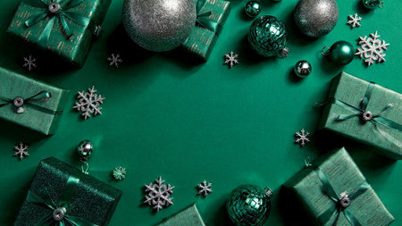 A refined modern composition blending soft green textures and shiny silver accents.の写真素材