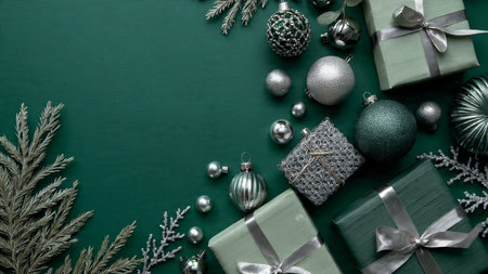 Holiday-themed mockup with soft matte green tones and minimalist silver decorations outlining a clean space for text.の写真素材