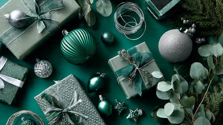 Vintage holiday layout with muted green tones, distressed silver ornaments, and hand-wrapped gifts.の写真素材