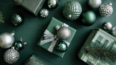 A holiday border inspired by natural greens and sparkling silver finishes.の写真素材