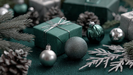 A modern matte green layout decorated with stylish silver holiday shapes.の写真素材