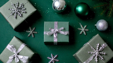 A stunning holiday frame blending rich green tones and luminous silver decorations around an open center.の写真素材