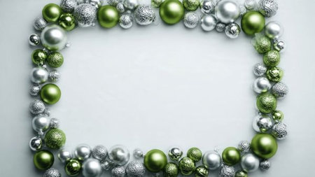 A premium green backdrop framed with luxury silver snowflake ornaments.の写真素材