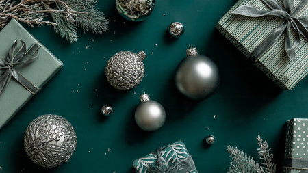 A classic balanced Christmas layout framed with timeless green ornaments and silver stars.の写真素材