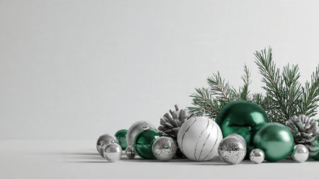 A simple yet elegant border with forest-green ornaments and shiny silver dの写真素材