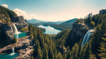 A gentle stream winding through a dense forest.の写真素材