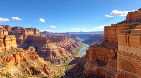 A deep canyon with a river flowing through it, surrounded by rock formations and a clear blue sky.の写真素材