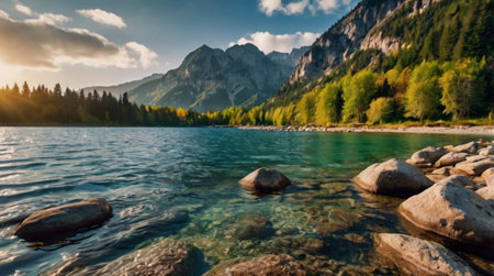 A majestic valley with towering cliffs and meandering rivers.の写真素材