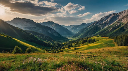 A snowy forest lit by a golden winter sunset casting long shadows.の写真素材
