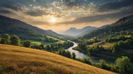 A peaceful orchard filled with blooming fruit trees.の写真素材