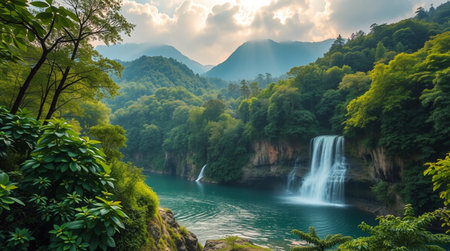 A gentle stream winding through a dense forest.の写真素材