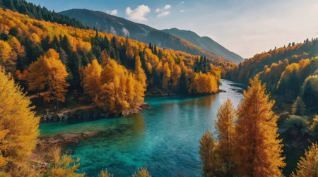 A calm creek flowing through a serene autumn landscape.の写真素材