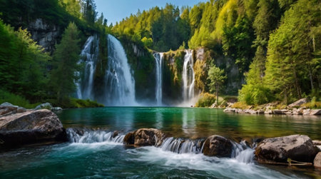 A forest hilltop overlooking miles of deep green woods.の写真素材