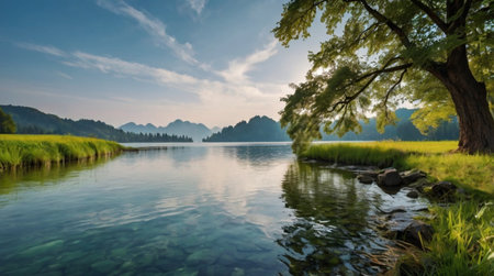 A shimmering lake surrounded by dense autumn foliage.の写真素材