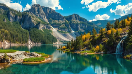 A lush green valley glowing under warm afternoon sunlight.の写真素材