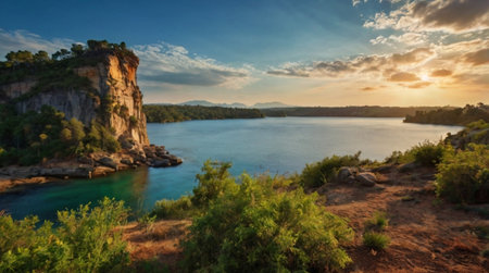 A quiet meadow lit with gentle golden-hour glow.の写真素材